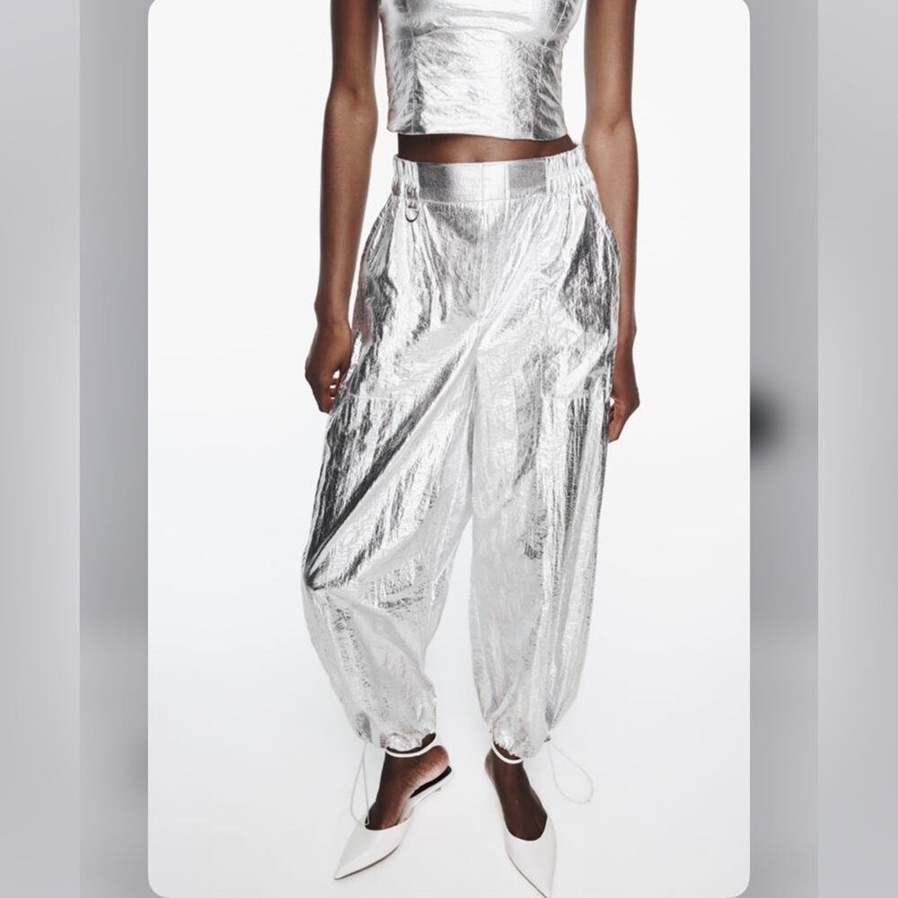Zara Silver WIDE LEG METALLIC PANTS Size Large